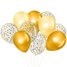 Party Time Juego De 10 Globos Dorados Y Translúcidos Con Confetti 18cm
