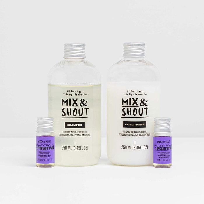 Mix & Shout Set Rutina Equilibrante - Champú y Acondicionador All Hair Types con Boosters Stay Strong & Positive - Para Cabello con Fuerza y Volumen - Lote de 4 Piezas