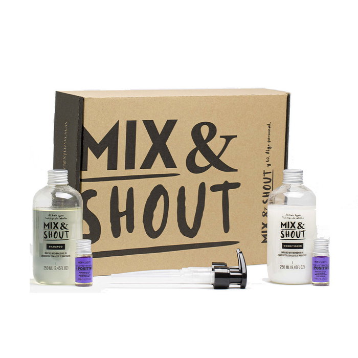 Mix & Shout Set Rutina Equilibrante - Champú y Acondicionador All Hair Types con Boosters Stay Strong & Positive - Para Cabello con Fuerza y Volumen - Lote de 4 Piezas