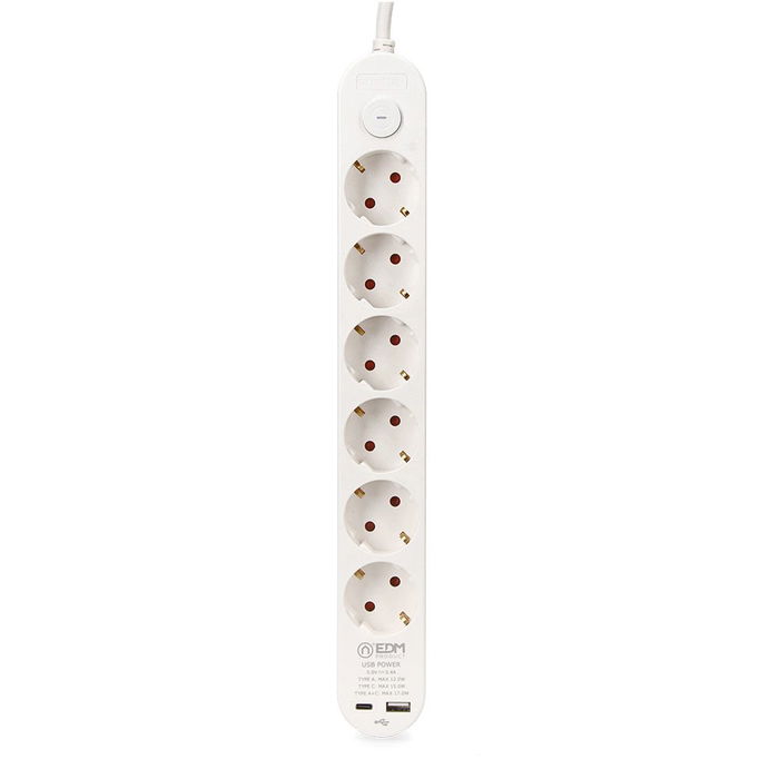 EDM Base Múltiple 6 Tomas Schuko con Interruptor y 2 Puertos USB-A + USB-C, 1.5m Cable H05VV-F 3G1.5mm², 16A 250V~, Blanca