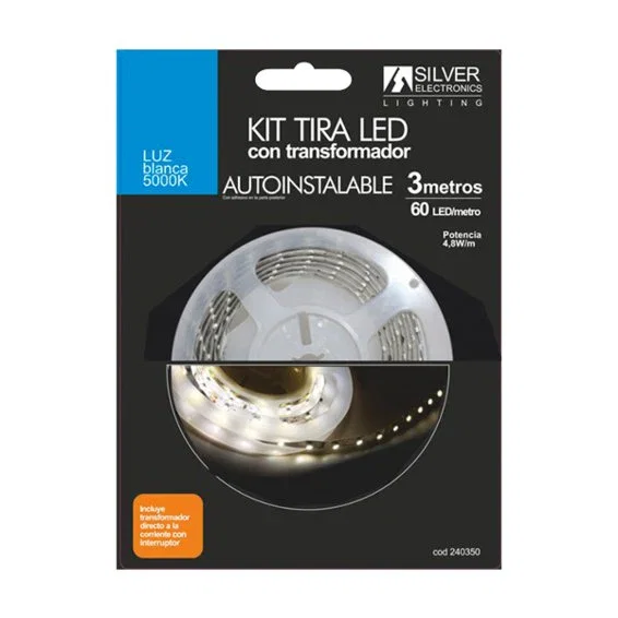 Silver Electronics Kit de Tira LED, 3 Metros, 4.8W, Blanco Frío 5000K, IP20 para Interior, Blanco, 60 LEDs, Modelo 240350