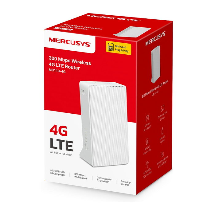TP-Link Mercusys MB110-4G Enrutador WiFi N300 4G LTE + Módem LTE, Banda 2.4 GHz, Ethernet, 2 Puertos LAN, Velocidad hasta 300 Mbps, Blanco