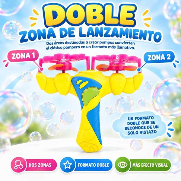 JugaToys Lanzador de pompas doble con botella de líquido