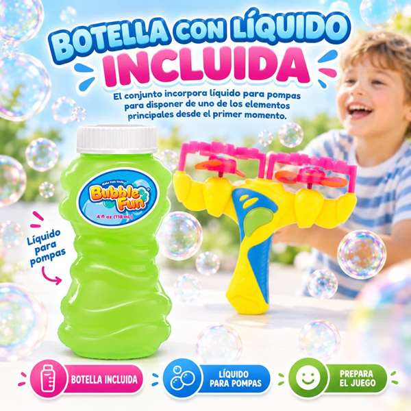 JugaToys Lanzador de pompas doble con botella de líquido