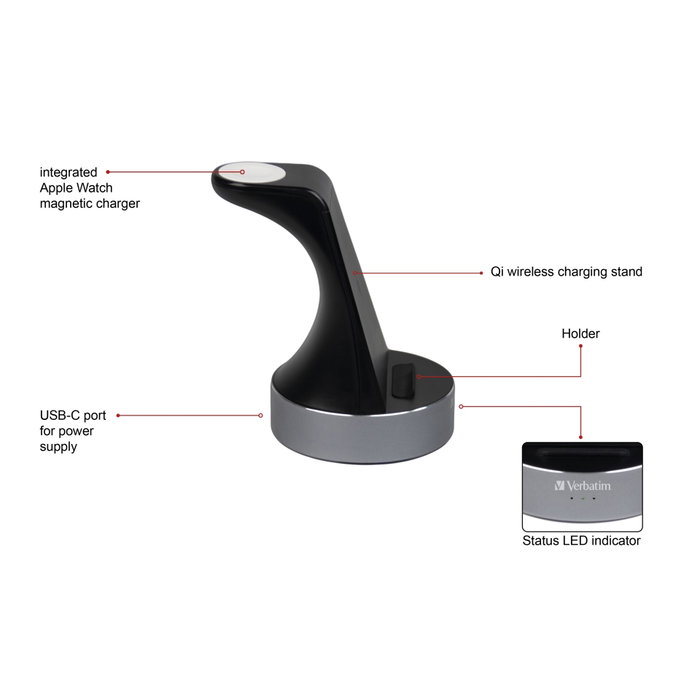 Verbatim WCS-02 Aluminium 2-in-1 Qi Wireless+Apple Watch Charger en schwarz / silber Verbatim WCS-02 Aluminium 2-in-1 Qi Wireless+Apple Watch Charger en schwarz / silber