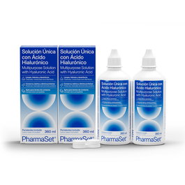 Pharmaset Solución Única con Ácido Hialurónico para Lentes de Contacto Blandas - Limpia, Desinfecta, Lubrica y Humecta - 2 x 360 ml