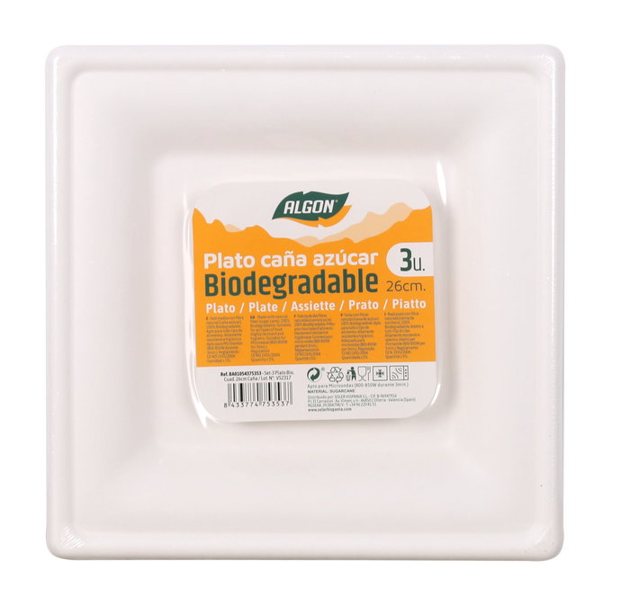 Algon Set 3 Platos Bio Cuadrados 26 cm Caña (24 Unidades)