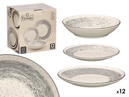 Vessia Vajilla de Cerámica 12 Piezas Patinada Gris, Plato Grande 27 cm, Plato Hondo 20 cm, Plato Pequeño 19 cm (Set de 2)