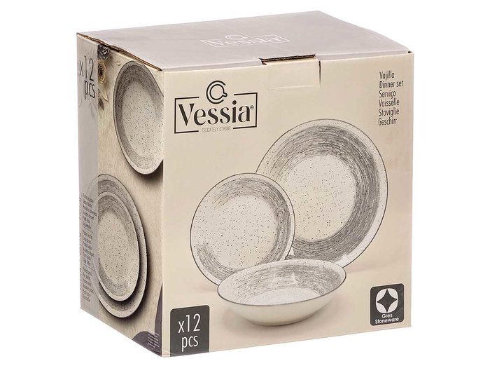 Vessia Vajilla de Cerámica 12 Piezas Patinada Gris, Plato Grande 27 cm, Plato Hondo 20 cm, Plato Pequeño 19 cm (Set de 2)
