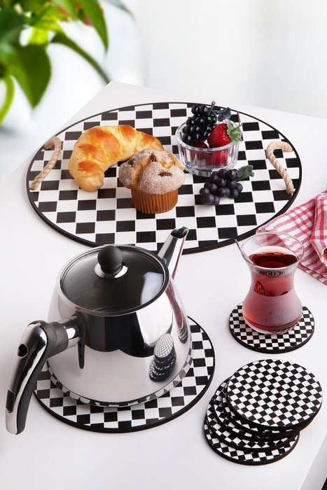 Hermia Set Bandeja Madera y Salvamanteles Cristal Blanco y Negro PLT0230