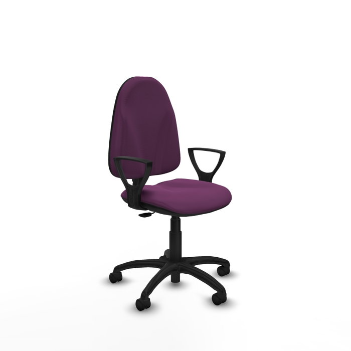 Silla de oficina Algarra con mecanismo Contacto permanente básico tapizada con Similpiel color Morado. Equipada con Base poliamida negra, Brazos fijos y Ruedas de nailon 50 mm Silla de oficina Algarra con mecanismo Contacto permanente básico tapizada con Similpiel color Morado. Equipada con Base poliamida negra, Brazos fijos y Ruedas de nailon 50 mm