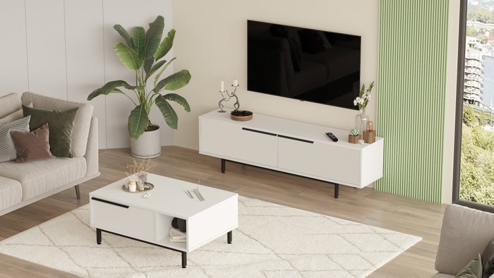 Hanah Home ON19-W Conjunto Muebles Salón Blanco Soporte TV 160cm Mesa Centro 90cm