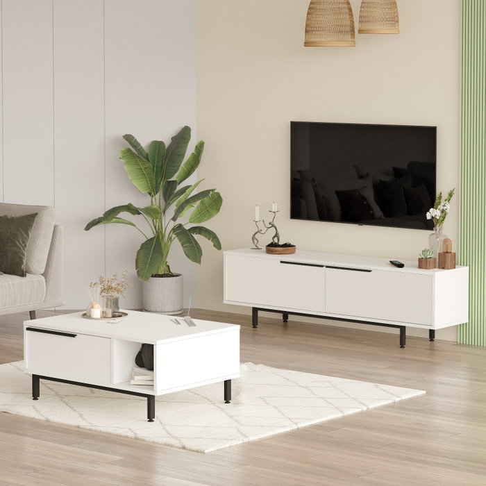 Hanah Home ON19-W Conjunto Muebles Salón Blanco Soporte TV 160cm Mesa Centro 90cm