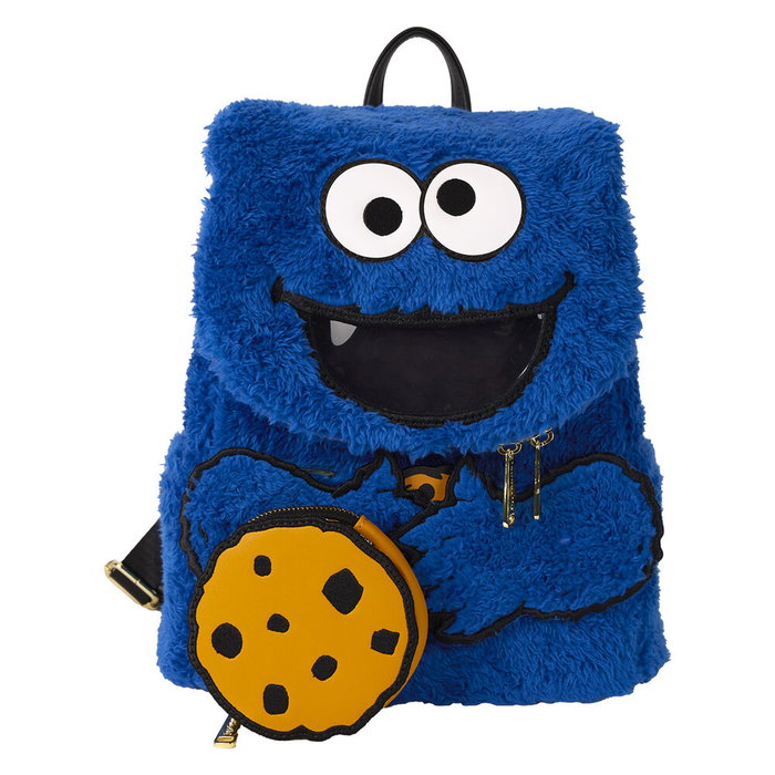 Loungefly Mochila Peluche Cookie Monster Barrio Sésamo con Monedero Extraíble, 22,86x11,43x26,67cm, Felpa y Cuero Vegano