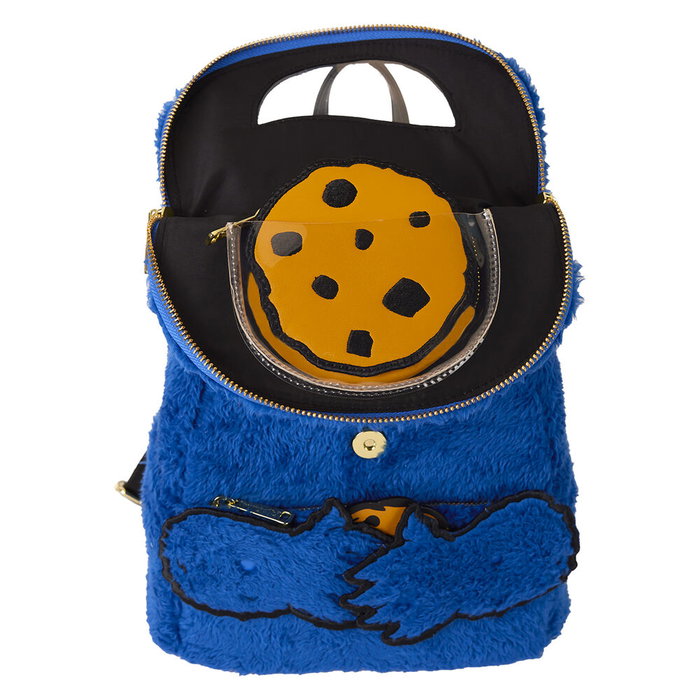 Loungefly Mochila Peluche Cookie Monster Barrio Sésamo con Monedero Extraíble, 22,86x11,43x26,67cm, Felpa y Cuero Vegano
