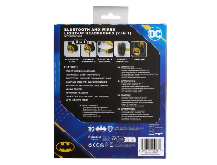 Wondee Auricular Bluetooth Batman con LED y Micrófono, Diseño 2 en 1, Bluetooth 5.0, 4h de Autonomía, Batlogo
