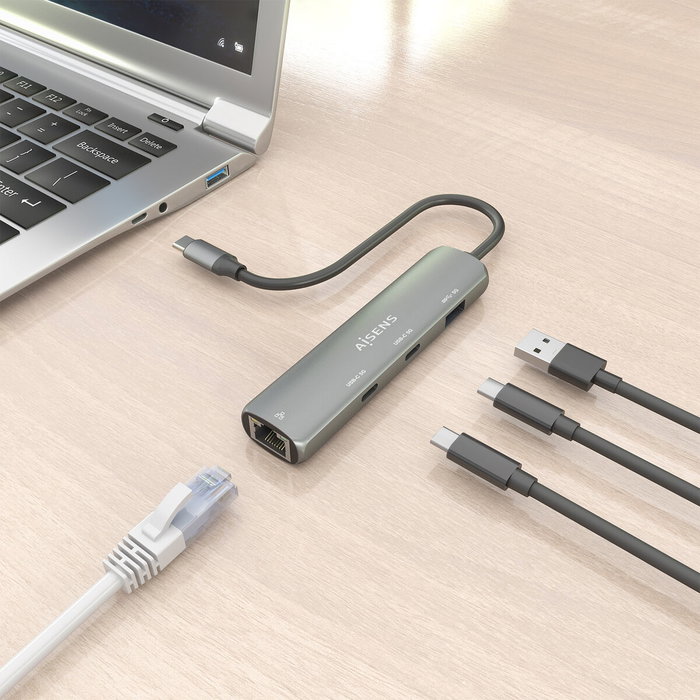 AISENS Dock USB-C a Ethernet Gigabit + Hub 2xUSB-C + 1xUSB-A, Gris, 15cm