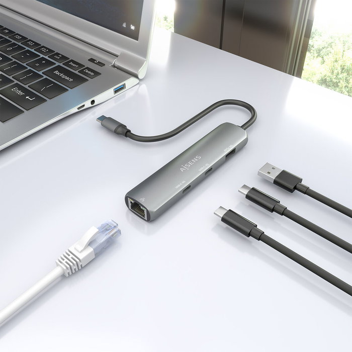 AISENS Dock USB-C a Ethernet Gigabit + Hub 2xUSB-C + 1xUSB-A, Gris, 15cm