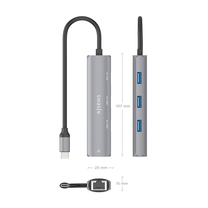 AISENS Dock USB-C a Ethernet Gigabit + Hub 2xUSB-C + 1xUSB-A, Gris, 15cm