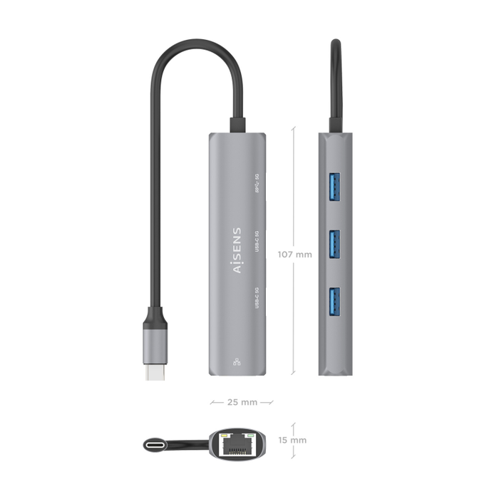 AISENS Dock USB-C a Ethernet Gigabit, 2x USB-C y 1x USB-A, Gris, 15cm - RTL8153B AISENS Dock USB-C a Ethernet Gigabit, 2x USB-C y 1x USB-A, Gris, 15cm - RTL8153B