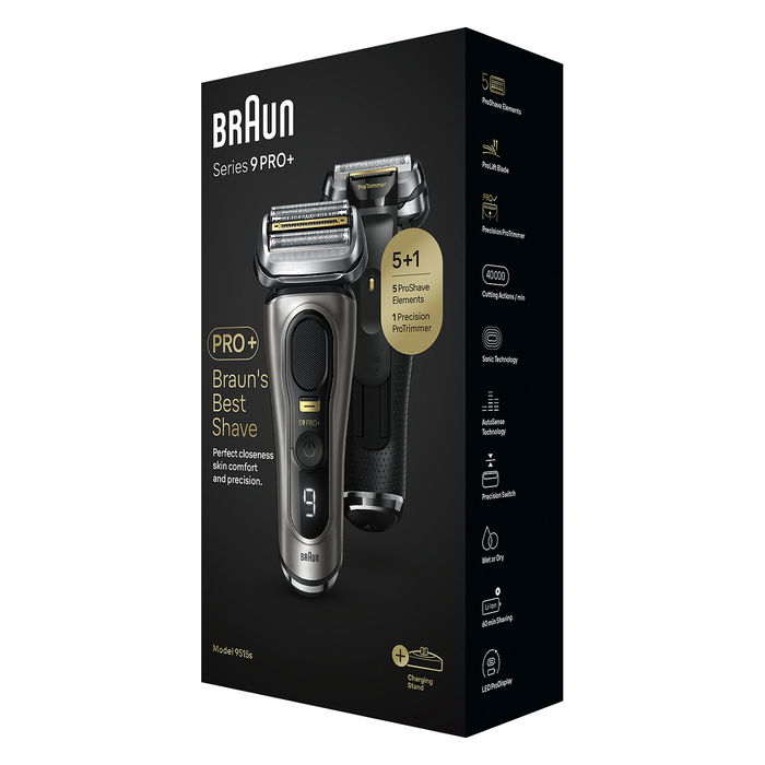 Braun Series 9 Pro+ Afeitadora y Cortapelos 9515s, Wet & Dry, 5 Cabezales, Tecnología Sonic, Carga Inalámbrica, Viaje, Metálico
