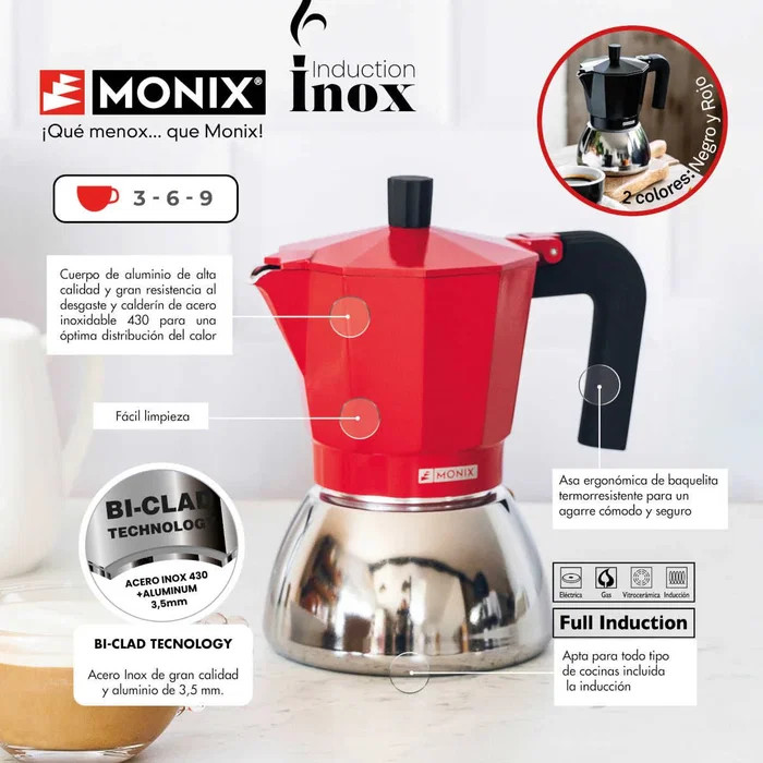 Monix M863106 Cafetera Italiana Manual de Acero Inoxidable y Aluminio, Apta para Inducción, 6 Tazas / 0.37L, Color Rojo