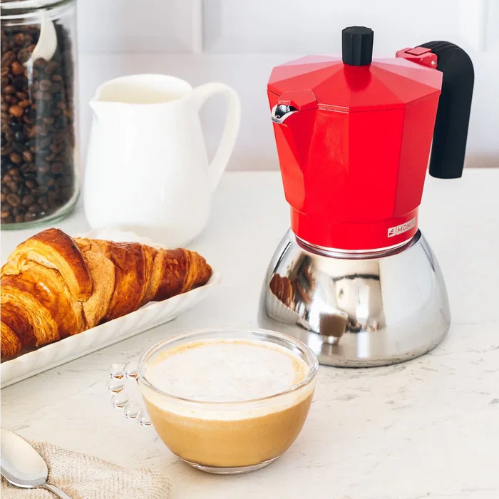 Monix M863106 Cafetera Italiana Manual de Acero Inoxidable y Aluminio, Apta para Inducción, 6 Tazas / 0.37L, Color Rojo