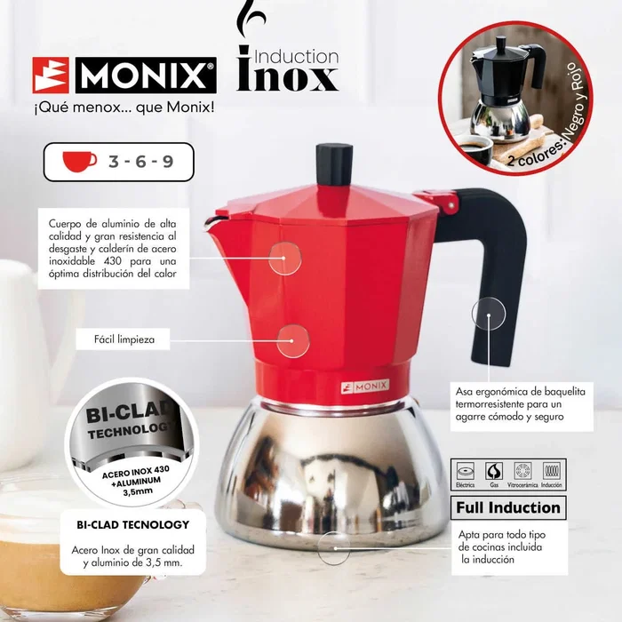 Monix Cafetera Italiana Induction Inox M863106, 6 Tazas, Rojo Monix Cafetera Italiana Induction Inox M863106, 6 Tazas, Rojo