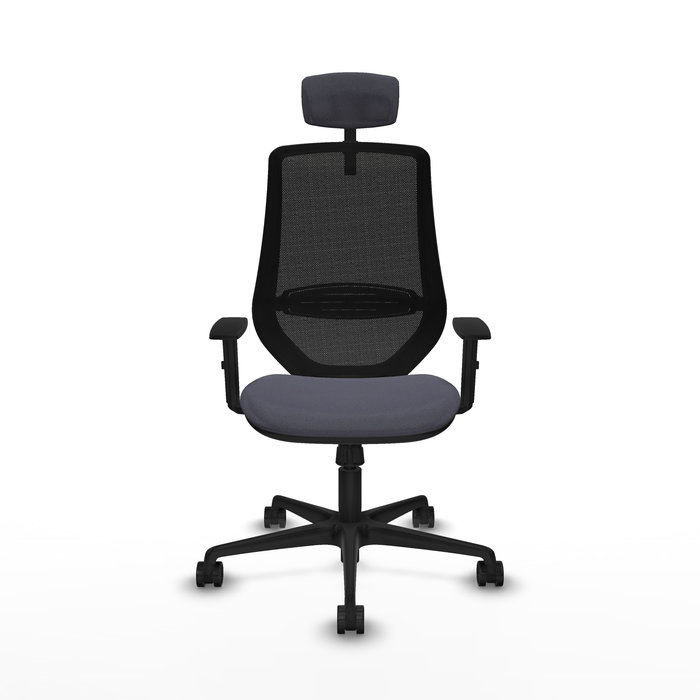Silla de oficina Mardos con mecanismo Sincro tapizada con Tela color Gris oscuro y malla color Negro. Equipada con lumbar 1D, Brazos 1D, Cabecero 2D y Ruedas 65mm nailon