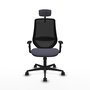 Silla de oficina Mardos con mecanismo Sincro tapizada con Tela color Gris oscuro y malla color Negro. Equipada con lumbar 1D, Brazos 1D, Cabecero 2D y Ruedas 65mm nailon