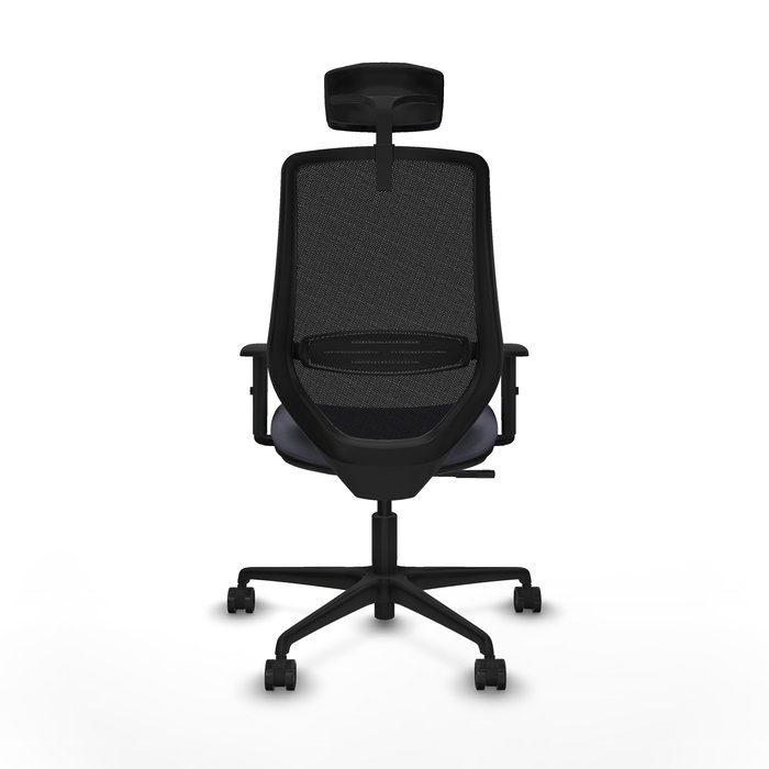 Silla de oficina Mardos con mecanismo Sincro tapizada con Tela color Gris oscuro y malla color Negro. Equipada con lumbar 1D, Brazos 1D, Cabecero 2D y Ruedas 65mm nailon