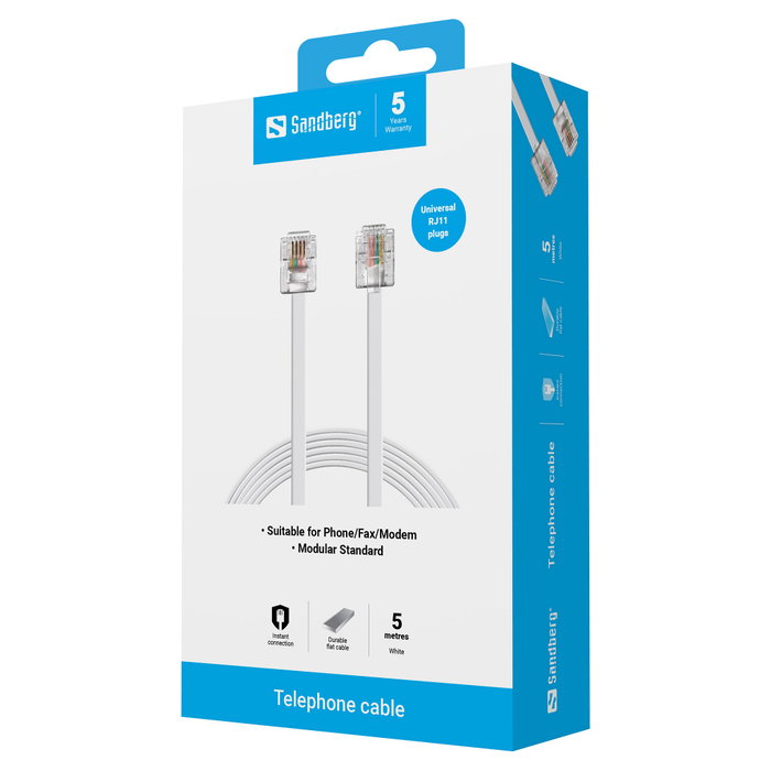 Sandberg Cable telefónico RJ11 a RJ11 de 5 metros - Blanco