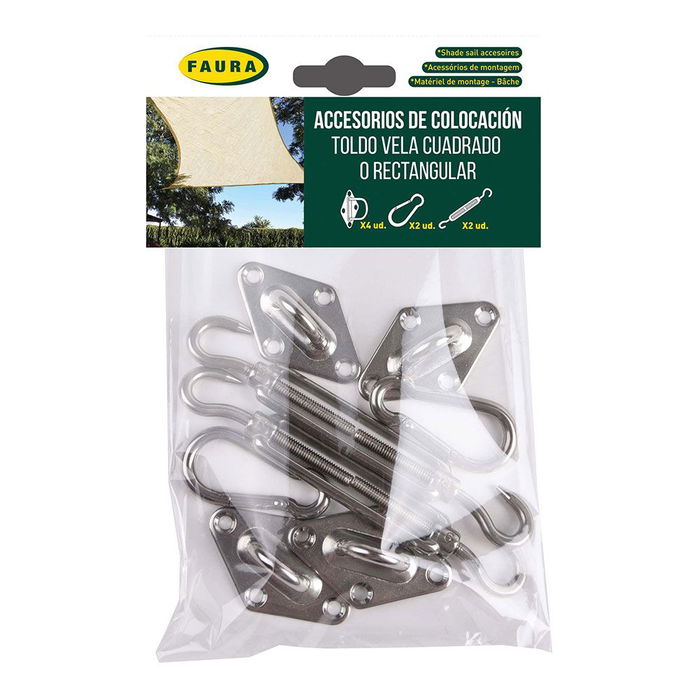 Faura Accesorios de Colocación para Toldo Vela Cuadrado o Rectangular - Incluye 4 Fijaciones Murales, 2 Mosquetones, 2 Tensores Faura Accesorios de Colocación para Toldo Vela Cuadrado o Rectangular - Incluye 4 Fijaciones Murales, 2 Mosquetones, 2 Tensores