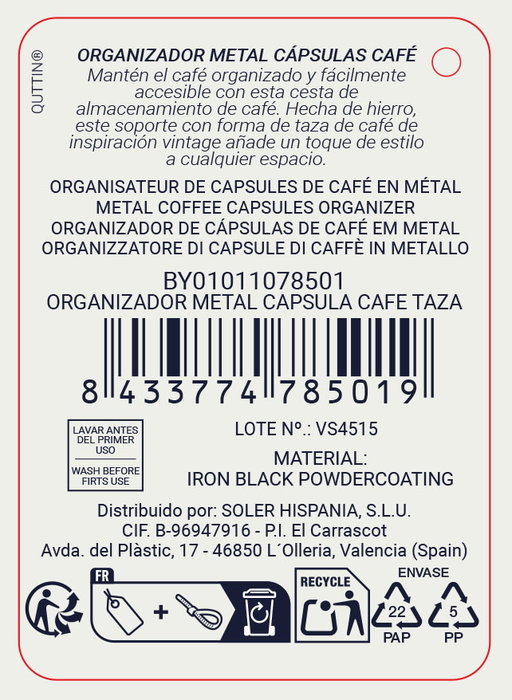 Quttin Organizador de Metal para Cápsulas de Café y Tazas, 22 cm de Largo x 16 cm de Ancho x 15.9 cm de Alto (8 Unidades)