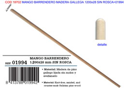 Universal Mango para cepillo de barrendero de madera sin rosca, ø2,8 x 120 cm