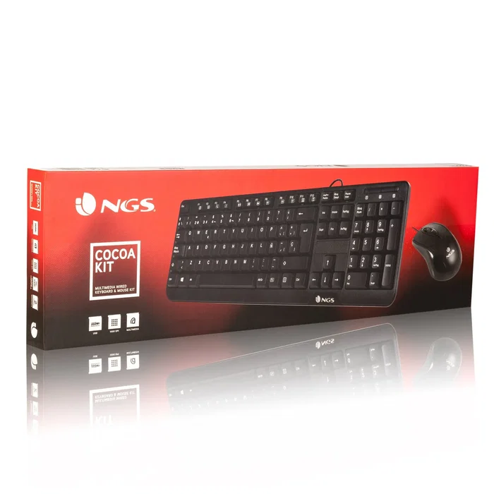 NGS Cocoa Kit Combo Teclado Multimedia y Ratón con Cable, QWERTY Portugués, Negro, USB, Teclas Windows, Teclado 100% con Numpad, Ratón Óptico 1000 DPI Ambidiestro