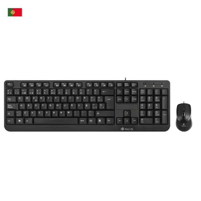 NGS Cocoa Kit Combo Teclado Multimedia y Ratón con Cable, QWERTY Portugués, Negro, USB, Teclas Windows, Teclado 100% con Numpad, Ratón Óptico 1000 DPI Ambidiestro