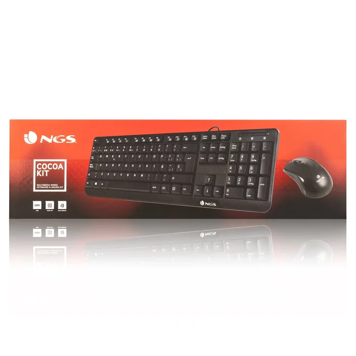 NGS Cocoa Kit Combo Teclado Multimedia y Ratón con Cable, QWERTY Portugués, Negro, USB, Teclas Windows, Teclado 100% con Numpad, Ratón Óptico 1000 DPI Ambidiestro