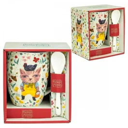 Enesco Taza con Cuchara El Gato Campestre - Diseño Ilustrado con Gato, Flores y Animales, Ideal para Café, Té o como Regalo