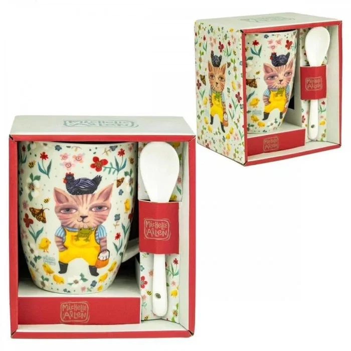 Enesco Taza con Cuchara El Gato Campestre - Diseño Ilustrado con Gato, Flores y Animales, Ideal para Café, Té o como Regalo