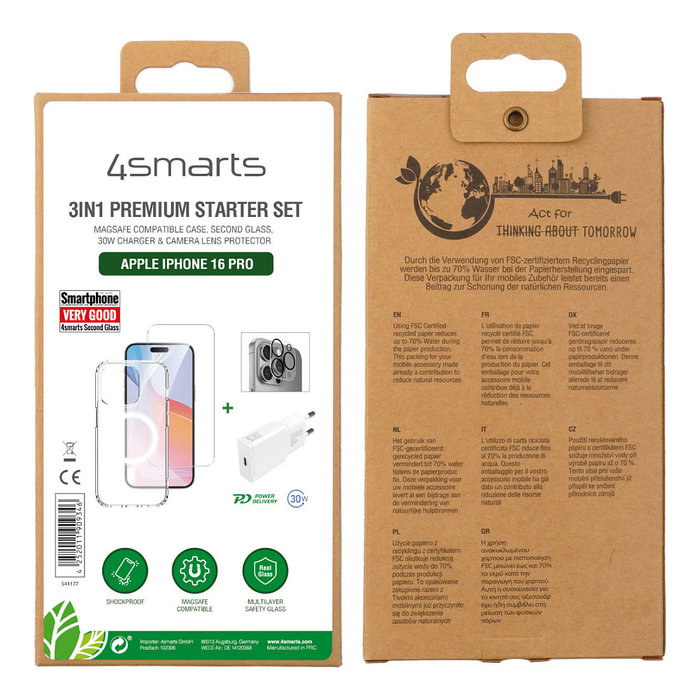 4smarts Kit Premium 3 en 1 para iPhone 16 Pro: Funda Transparente, Protector Pantalla 9H, Cargador Blanco