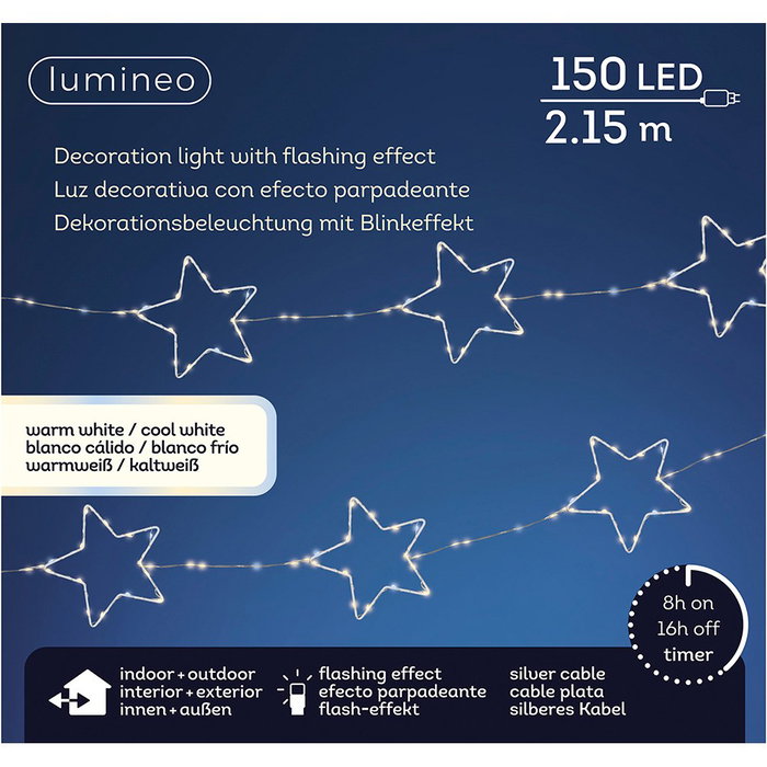 Lumineo Guirnalda LED de Estrellas con 150 LEDs, Luz Cálida y Cable Plateado, 2,15 m