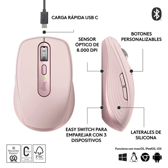 Logitech MX Anywhere 3S Rosa, Ratón Inalámbrico 8000 DPI, Bluetooth/RF