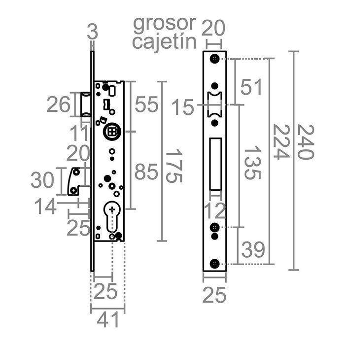 Micel Cre10 Cerradura de Embutir con Cilindro Perfil Europeo, Leva Larga L15, 85 mm Ejes, 25 mm Entrada, Acero Inoxidable, para Puertas Metal Canto Cuadrado