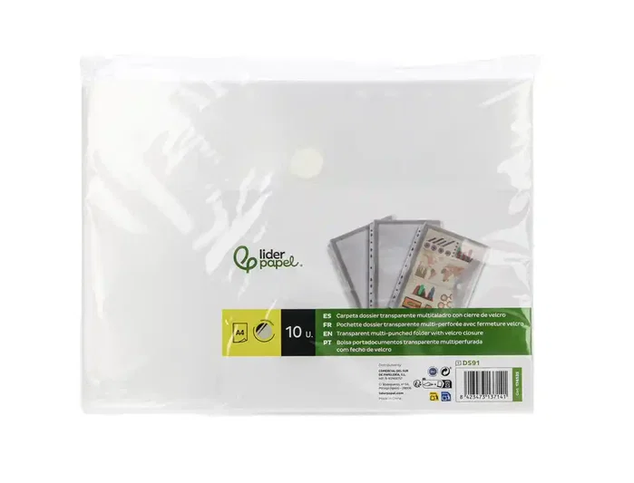 Liderpapel Carpeta Dossier A4 Transparente con Cierre de Velcro, Polipropileno 180 Micras, 11 Taladros para Archivado Liderpapel Carpeta Dossier A4 Transparente con Cierre de Velcro, Polipropileno 180 Micras, 11 Taladros para Archivado