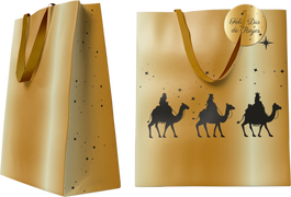 Bismark 333672 Bolsa Dorada Papel Reyes Magos M (26x12x37 cm) con Tarjeta Colgante