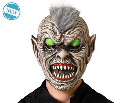 Máscara de Monstruo Gris con Ojos Verdes y Dientes Puntiagudos, Diseño Grotesco, Ideal para Halloween y Disfraces Temáticos
