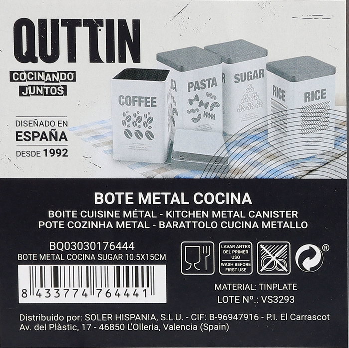 Quttin Bote Metal Cocina Sugar 10.5 cm x 15.5 cm (12 Unidades)