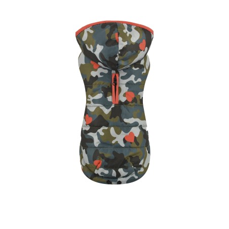 Nayeco Chaqueta Con Capucha Army 50 cm para Perro, Estampado Camuflaje con Corazones Rojos, Acolchada y Repelente al Agua