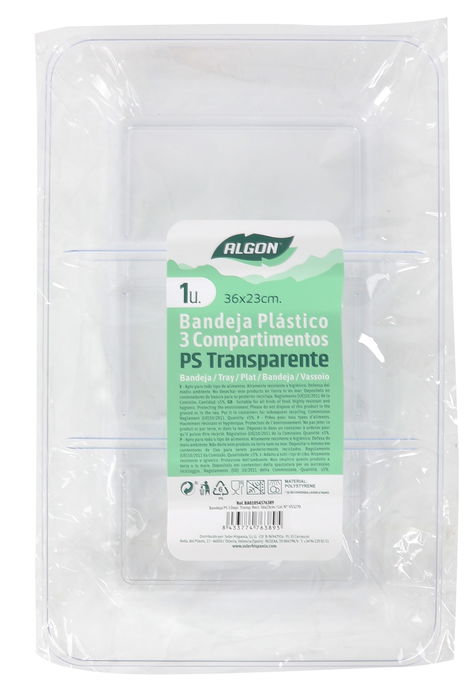 Algon Bandeja Ps 3 Departamentos Transparente Rectangular 36.2 x 23 x 3.6 cm (18 Unidades)